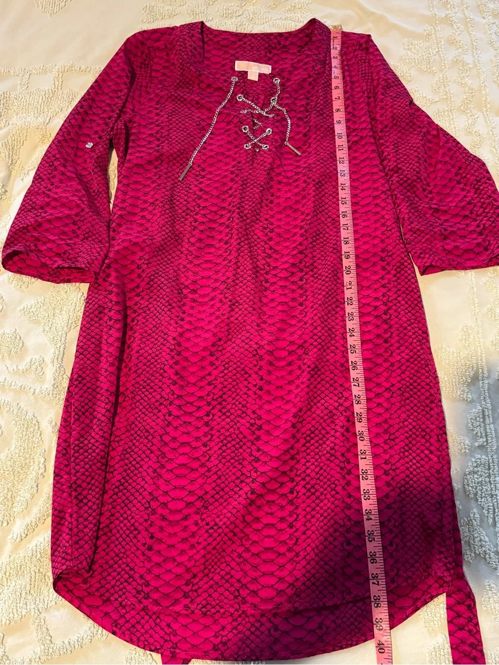 Michael Kors Pink Magenta Snake Print Tie Neck Dress Roll Tab Sleeves Size L